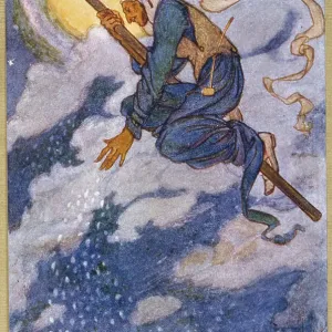 A Wood Witch flying over the land on her stick A Wood Witch flying over the land on her stick