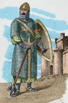 Feudal: 11th century warrior. Engraving. Later colouration