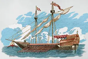 Embarkation: 14th century galley. Engraving by Serra. Later colouration