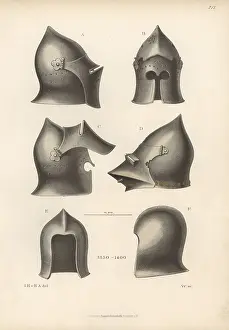 Iilustration: 14th century helmets from suits of armour in