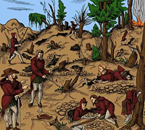 Divination: 16th century men using divining rods to locate minerals