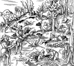 Divination: 16th century men using divining rods to locate minerals