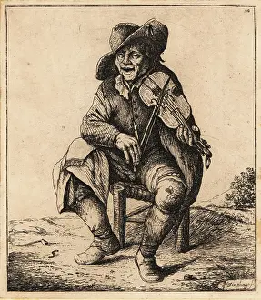 Master Painter: 17th century fiddler in cap, coat and boots seated