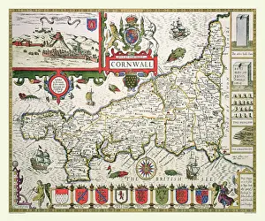 Speede: 17th Century map of the County of Cornwall, England