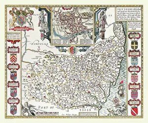 1611: 17th Century map of the County of Suffolk, England