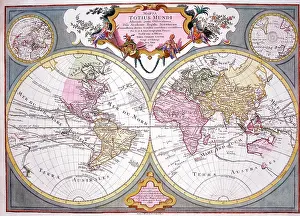 Lotter: 17th century Map of the World Hemispheres