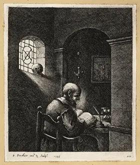 Master Painter: 17th century monk reading a Bible at a desk in his cell