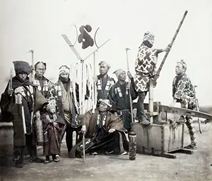 Beato: 1860's Japan - a group of firemen with the standard