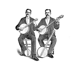 Banjos: 1880s 1890s two men playing classical style five