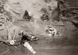 Cremation: 1880's - dead body for cremation, burning ghat, Benares