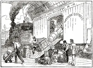 Boxcar: 1890s Illustration Cargo Trunks Suitcases being Unloaded