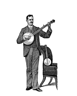 Strumming: 1890s man standing playing five string