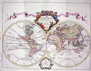 L Isle: 18th century Map of the World Hemispheres