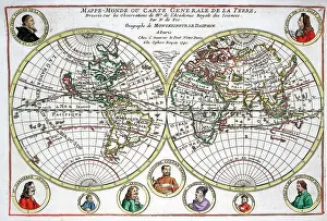 Hemispheres: 18th century Map of the World with portraits of Explorers