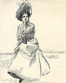 Ewardian: 1910s, linear graphic ink drawing, woman in