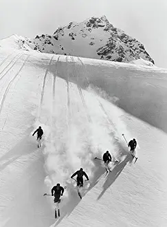 Pristine: 1920s 1930s FIVE MEN SKIING DOWN SNOW COVERED