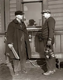 Brakeman: 1920s 1930s Two Railroad Workers Holding Lanterns & Flags