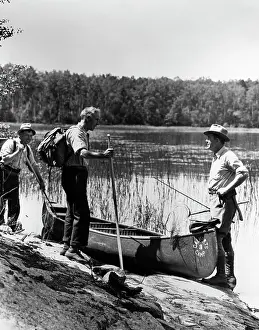 Canoeing: 1930s 3 Men Standing Beside Canoe