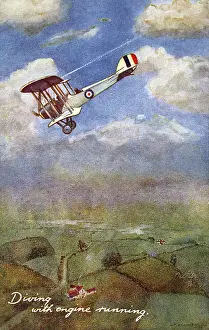 Straining: 1930s RAF biplane diving with the engine still running