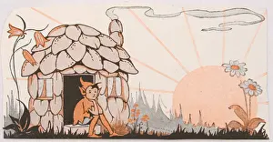 Schooldays: 1930s, scrapbook image, stylised pixie sitting