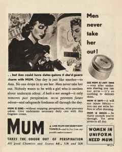 Sanitary: 1940 UK Magazine Mum Antiperspirant Advert