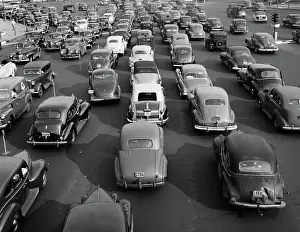 Congested: 1940s 1948 VIEW OF TRAFFIC JAM ON MULTI LANE
