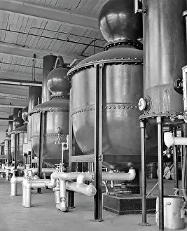 Fermenting: 1940s 1950s Distillery Row of Pot Stills