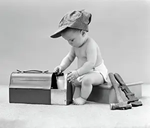 Workmans: 1940s BABY IN RAILROAD ENGINEER HAT PULLING MILK