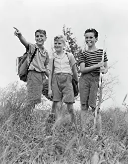 1940s Three Boys Hiking Field