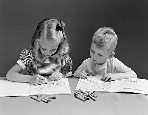 Coloring: 1940s Two Children Coloring Drawing In Book