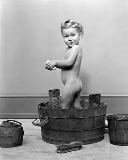 Washtub: 1940s Little Girl Standing In