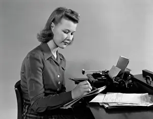 1940s Retro Woman Notes Typrwriter