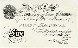 1944 English five pound note, money