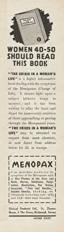 Tampax: 1945 UK Magazine Menopax Advert