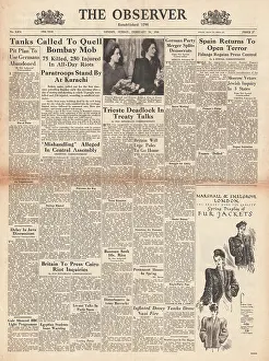 Jawaharlal: 1946 The Observer newspaper front page Bombay Riots