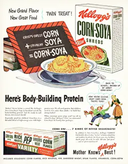 Cornflakes: 1948 U.S. Magazine Kellogs Corn Soya Shreds Advert