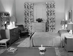 Bedspread: 1950s Bedroom Interior With Floor