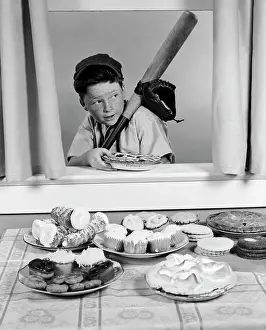 Mitt: 1950s Boy In Baseball Garb With