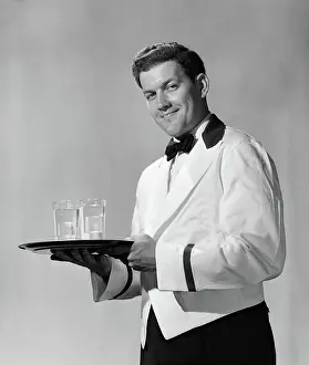 Servers: 1950s SMILING MAN WAITER BARTENDER IN BOW TIE