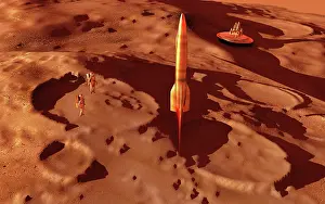 Spaceflight: A 1950's style space rocket blasting off from