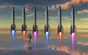 Spaceflight: 1950's style space rockets blasting off into space