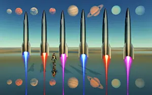 Saturn: 1950's style space rockets blasting off into space