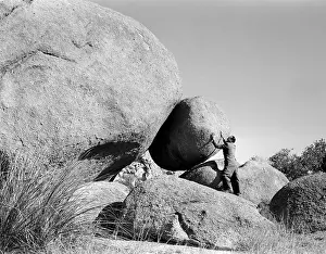Virile: 1950s symbolic man outdoors holding back large