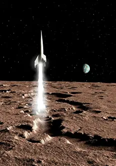 Luna: A 1950's view of a stream-lined finned spaceship beginning ?