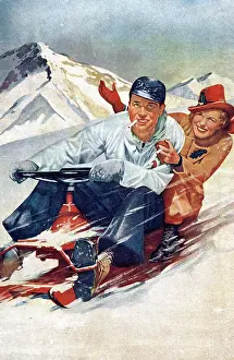 Sledging: 1950s - Young couple having fun on a snowmobile
