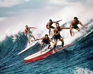 Surfers: 1960s 1970s Five Men Surfing