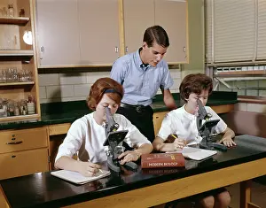 Microscopes: 1960s 3 Students Biology Classroom
