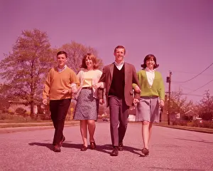 Highschool: 1960s 4 Teens Two Couples Walking
