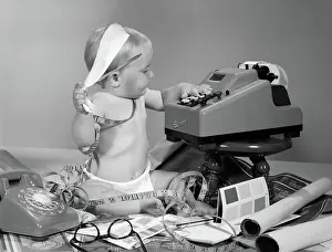 Planner: 1960s BABY WITH ADDING MACHINE TELEPHONE BLUEPRINTS