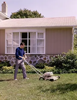Lawnmower: 1960s Lawnmower Cutting Grass Yard Work Man